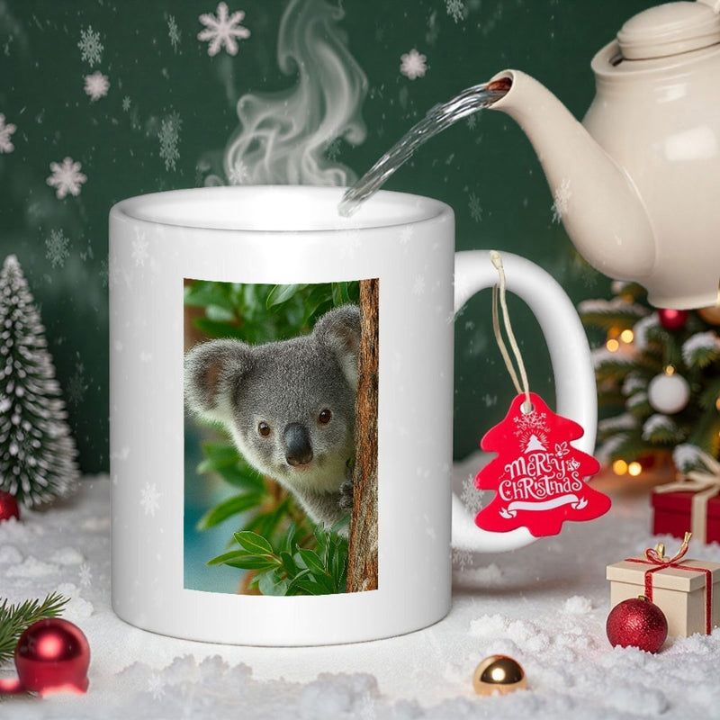 Tailorly White Ceramic 11 oz Mug - Cute Gray Koala Peeking Behind Tree Branch Among Green Leaves Koala