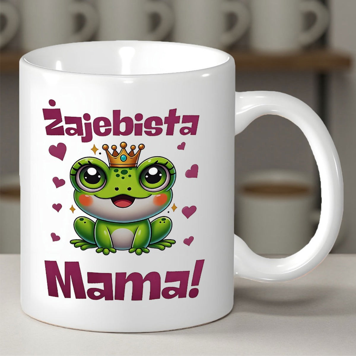 Tailorly White Ceramic 11 oz Mug - Adorable Cartoon Frog Wearing Golden Crown Surrounded By Tiny Pink Hearts Frog
