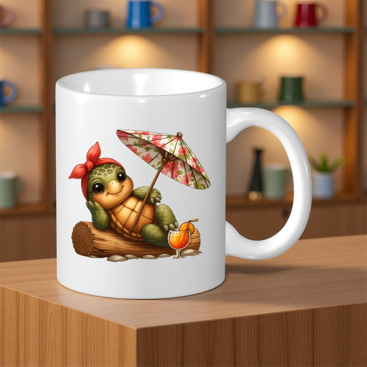Tailorly White Ceramic 11 oz Mug - Adorable Relaxing Wearing Red Bow Holding Floral Parasol On Log Turtle