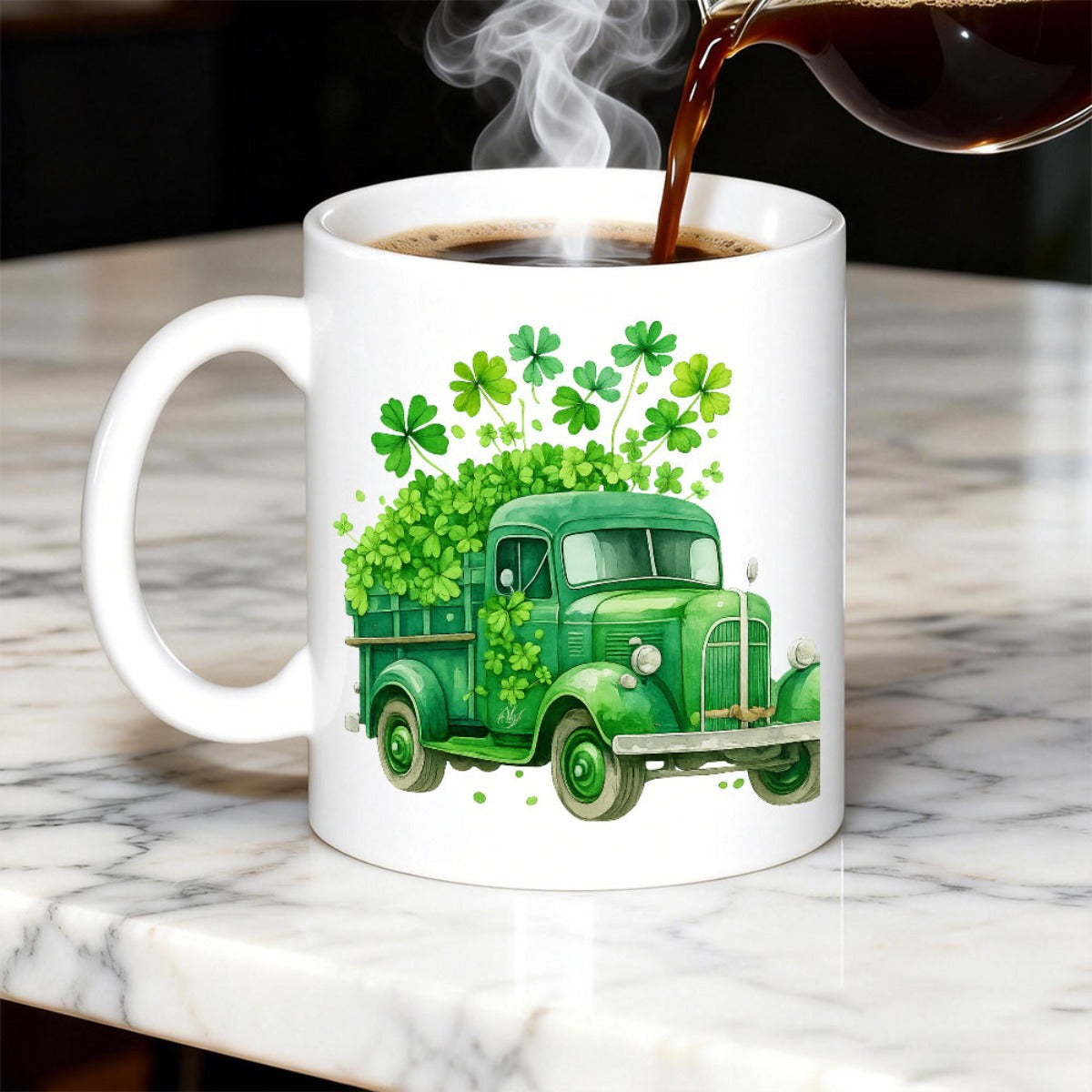 Tailorly White Ceramic 11 oz Mug - Vintage Green Vehicle Carrying Lucky Clovers For St Patricks Day Celebration Truck