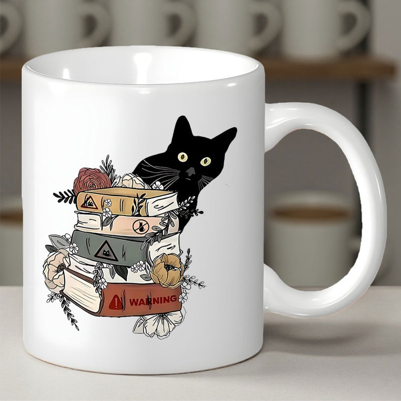 Tailorly White Ceramic 11 oz Mug - Warning Mysterious Black Cat Peeking Behind A Vintage Book Stack With Flowers Cat