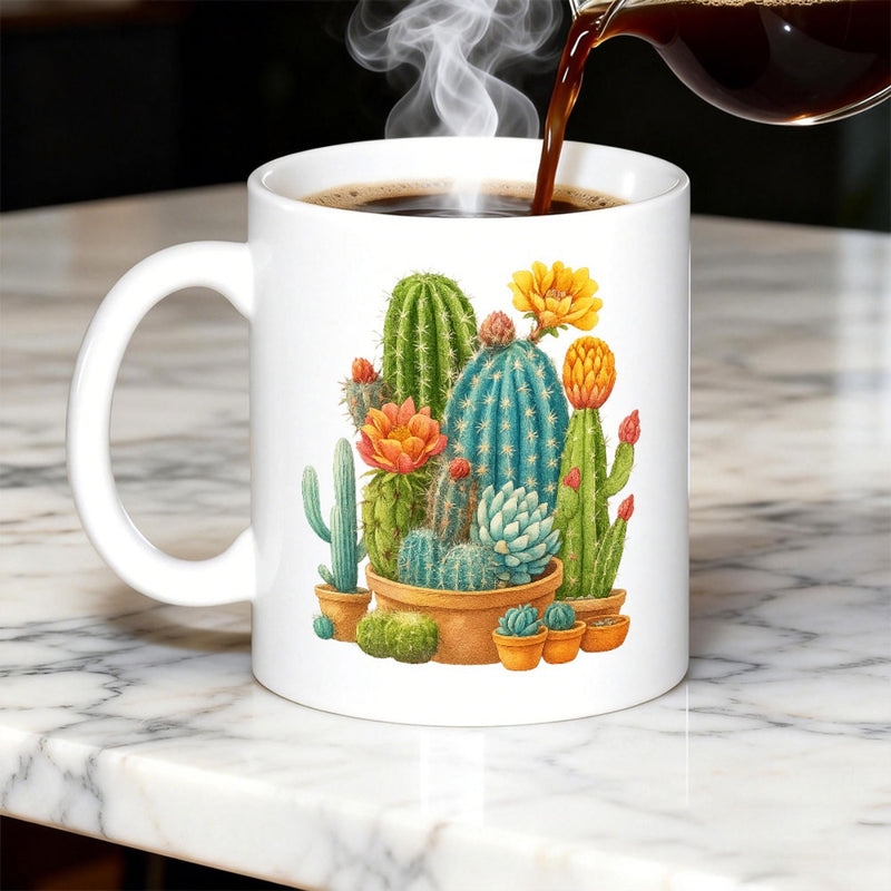 Tailorly White Ceramic 11 oz Mug - Vibrant Desert Flora With Blooming Flowers Arranged Inside Terracotta Pots Cactus