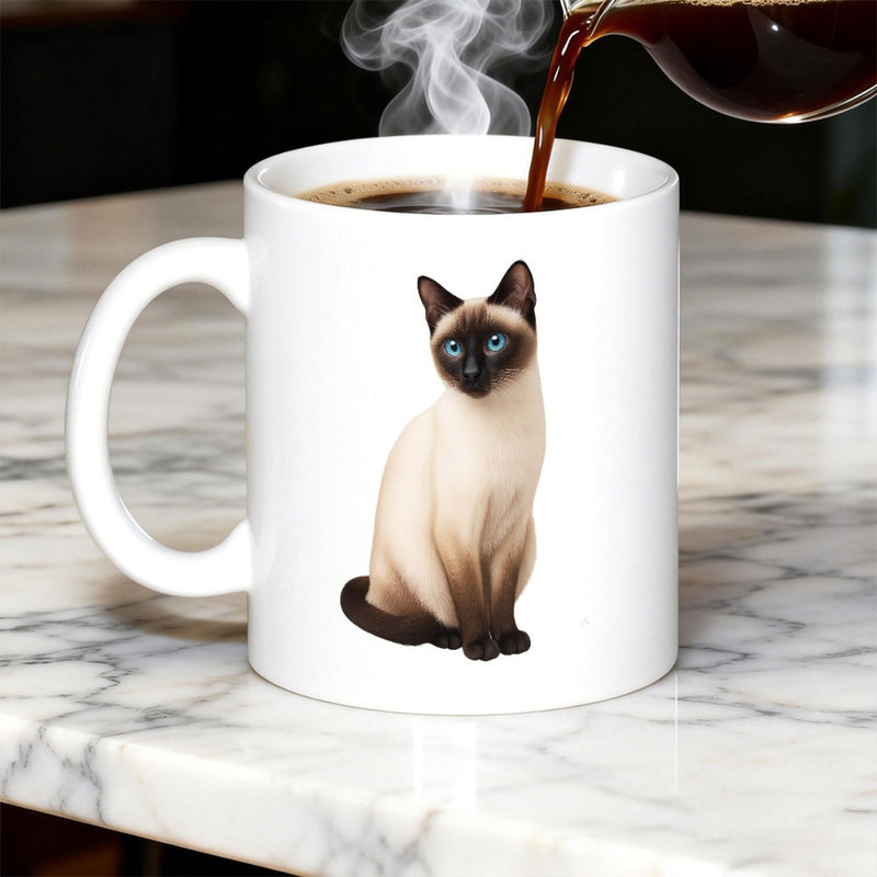 Tailorly White Ceramic 11 oz Mug - Elegant Siamese Cat With Blue Eyes Sitting Gracefully In Stillness Cat