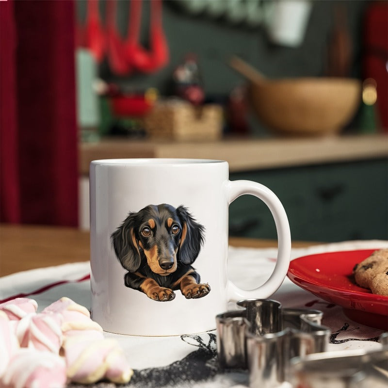 Tailorly White Ceramic 11 oz Mug - Realistic Portrait Of A Cute Black And Tan Long Haired Puppy Dachshund