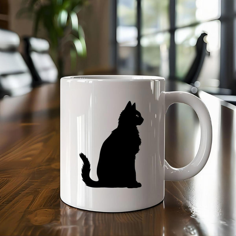 Tailorly White Ceramic 11 oz Mug - Minimalist Solid Black Silhouette Of A Sitting Feline With Curved Tail Cat