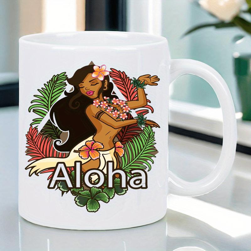 Tailorly White Ceramic 11 oz Mug - Aloha Traditional Hawaiian Dancer Surrounded By Colorful Tropical Hibiscus Flowers Girl