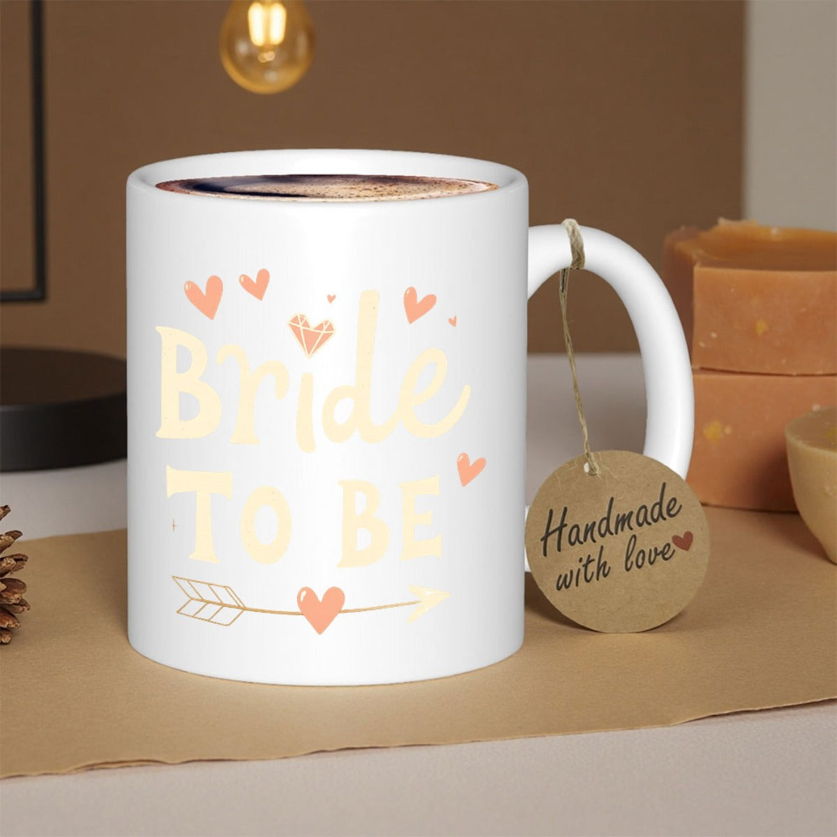 Tailorly White Ceramic 11 oz Mug - Bride To Be Elegant Pink Hearts And Decorative Arrow With Golden Lettering Mug