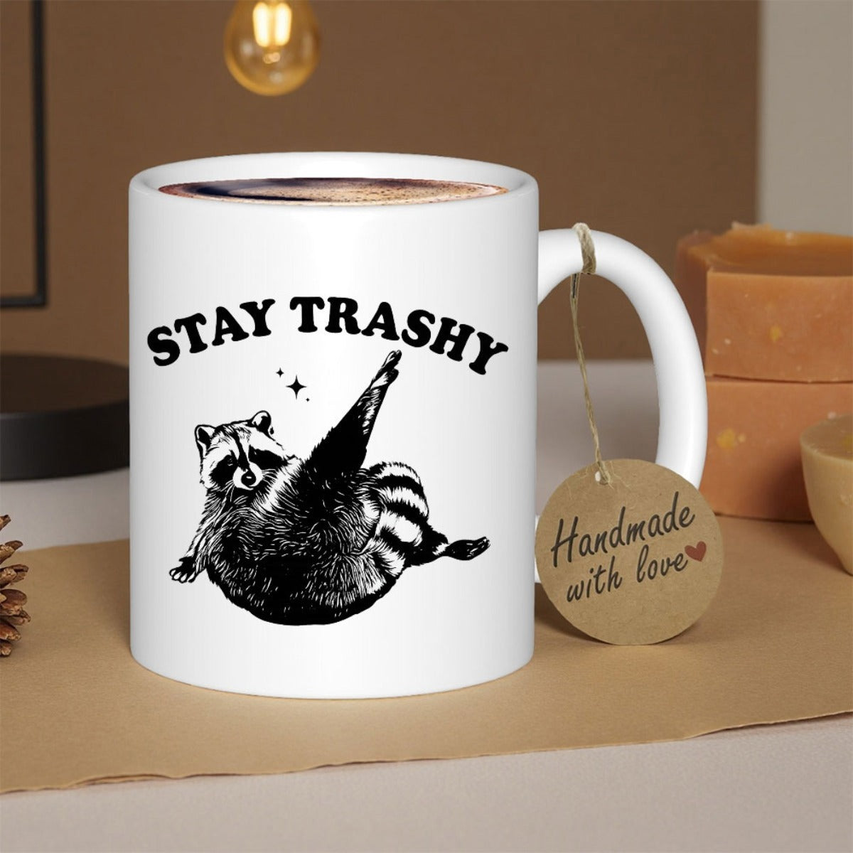Tailorly White Ceramic 11 oz Mug - Stay Trashy Playful Black And White Animal Illustration Of A Silly Resting Raccoon