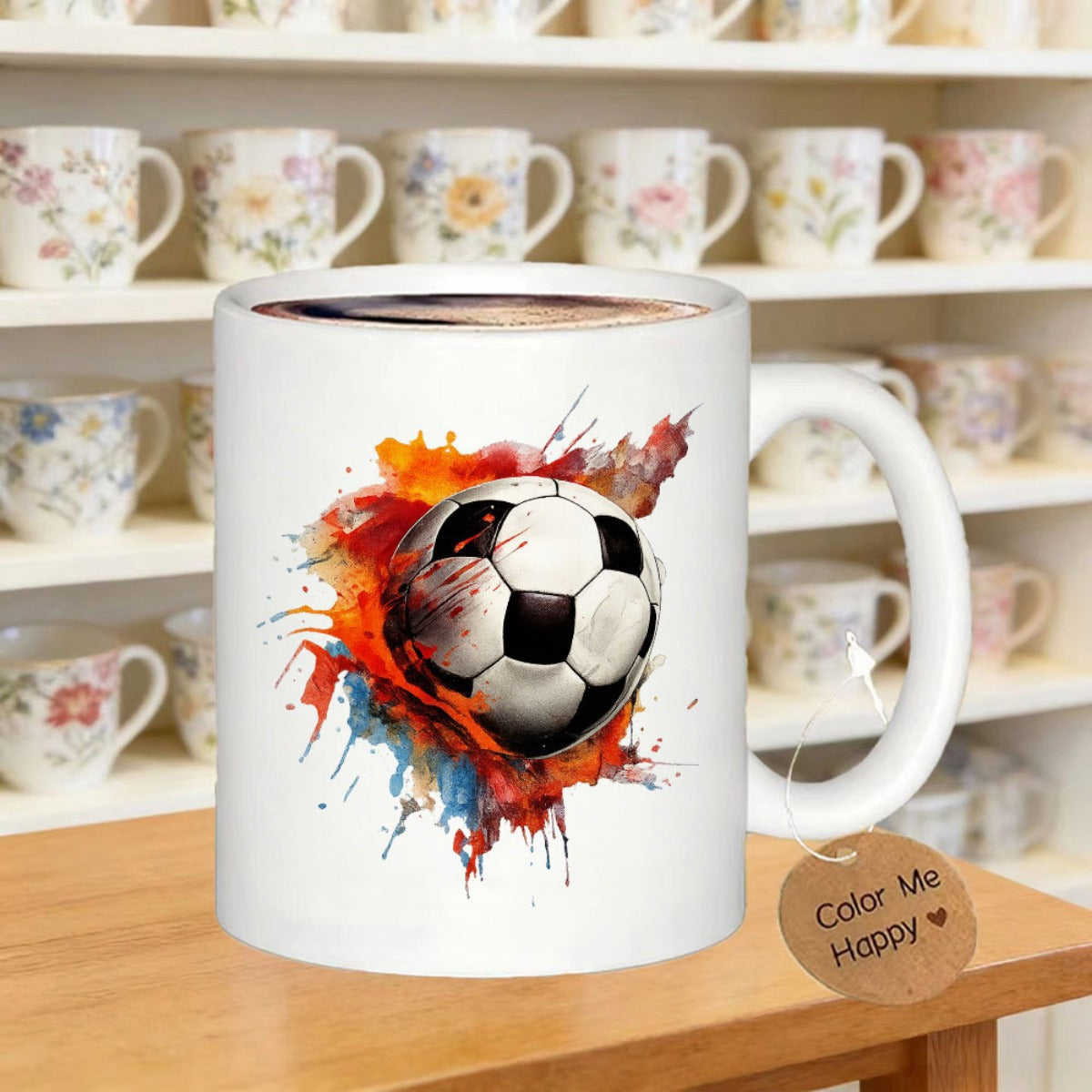 Tailorly White Ceramic 11 oz Mug - Dynamic Artistic Watercolor Splashes Surrounding A Classic Sporty Round Soccer Ball
