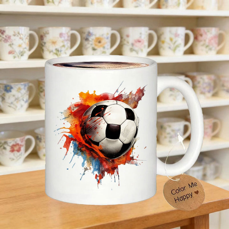Tailorly White Ceramic 11 oz Mug - Dynamic Artistic Watercolor Splashes Surrounding A Classic Sporty Round Soccer Ball