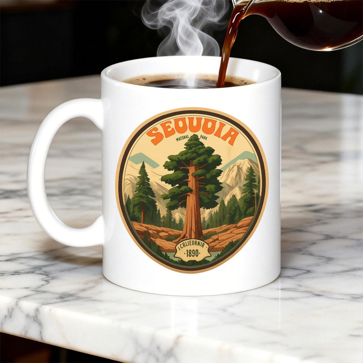 Tailorly White Ceramic 11 oz Mug - Sequoia California Vintage Circular Badge Featuring Majestic Forest Scenery Under High Mountain Peaks Tree