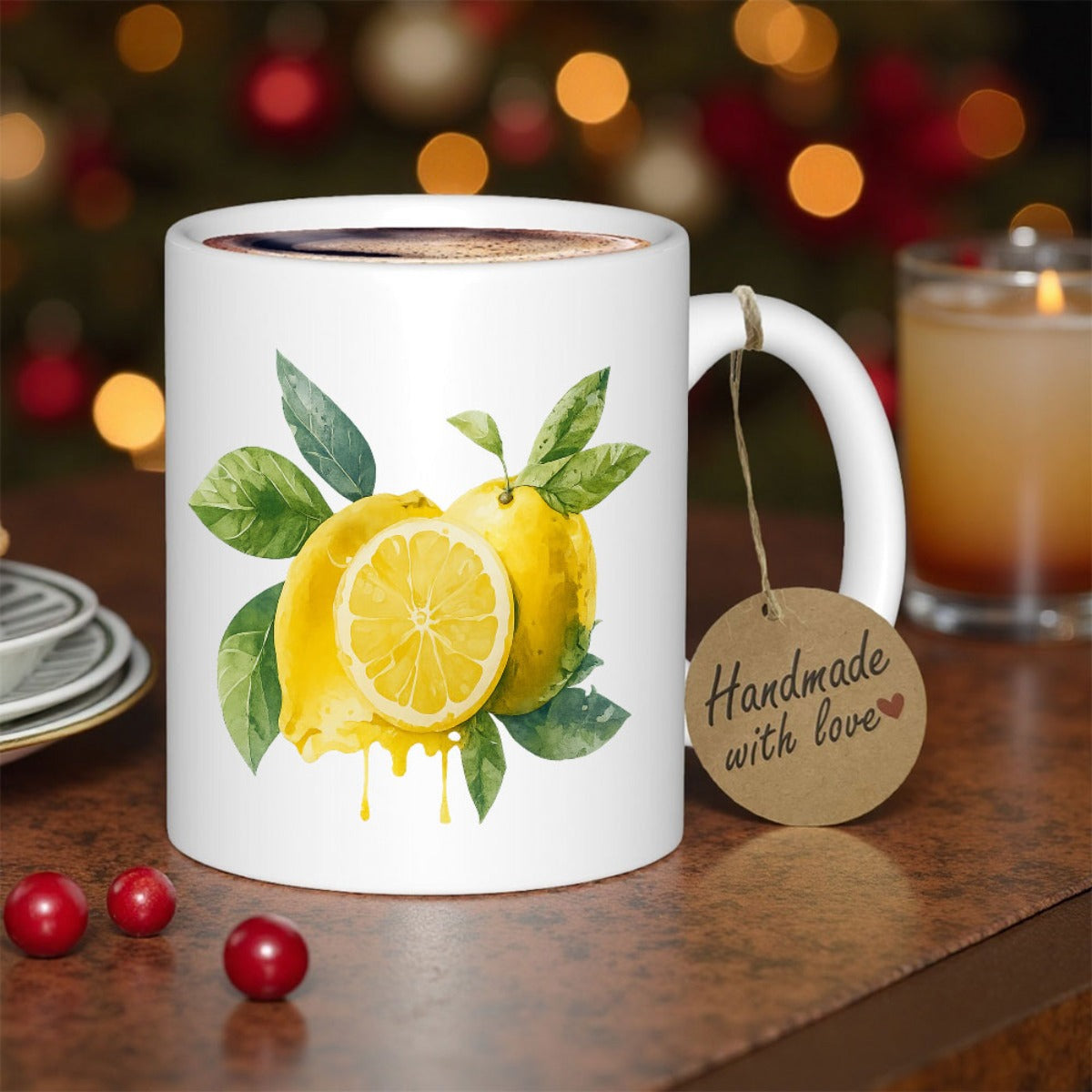 Tailorly White Ceramic 11 oz Mug - Handmade With Love Fresh Sliced Citruses Among Vibrant Green Leaves And Water Drops Lemon