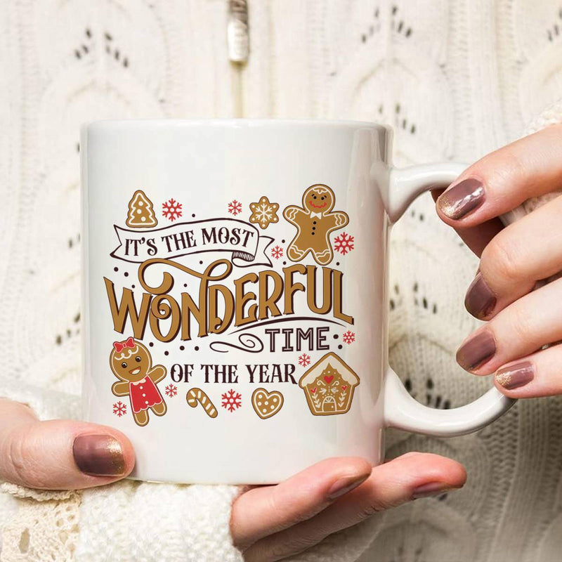 Tailorly White Ceramic 11 oz Mug - Its The Most Wonderful Time Of The Year Festive Christmas Cookies And Snowflakes Decorating A Joyous Seasonal Scene Gingerbread