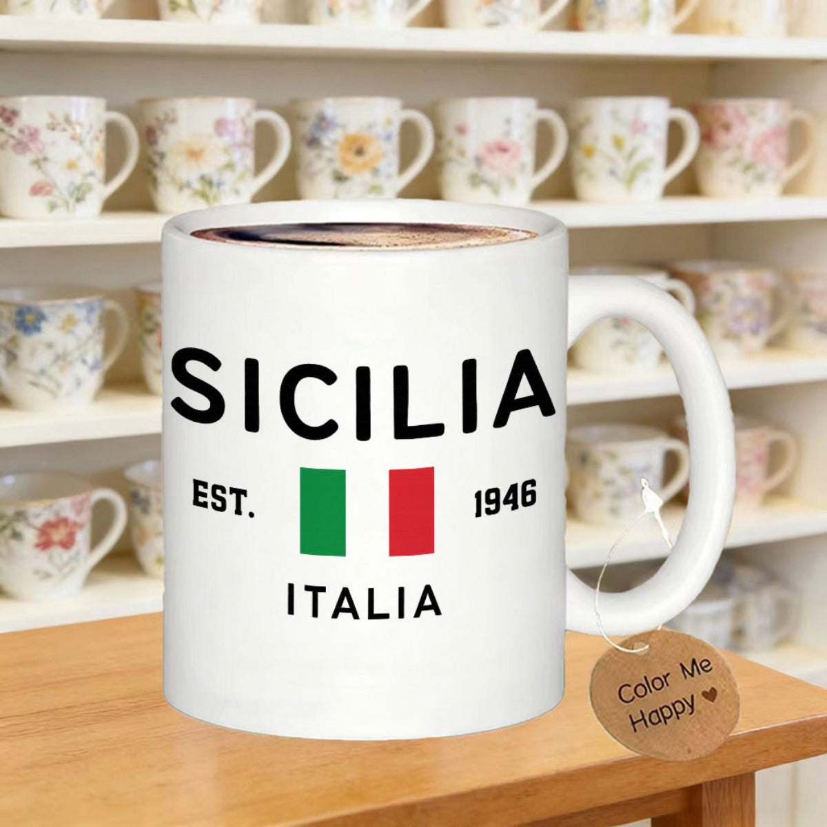 Tailorly White Ceramic 11 oz Mug - Sicilia Italia Est 1946 Classic White Ceramic Design Featuring Italian Flag Under Bold Black Text Mug