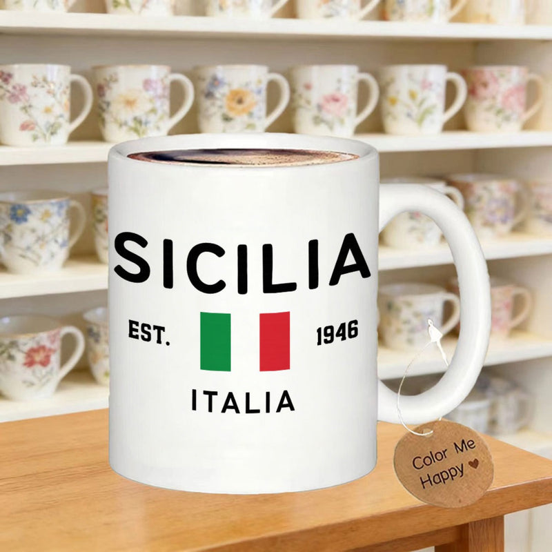 Tailorly White Ceramic 11 oz Mug - Sicilia Italia Est 1946 Classic White Ceramic Design Featuring Italian Flag Under Bold Black Text Mug
