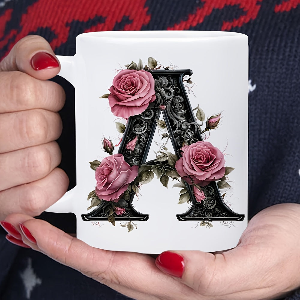 Tailorly White Ceramic 11 oz Mug - Vintage Black Ornate Alphabet Design Decorated With Blooming Pink Roses Letter
