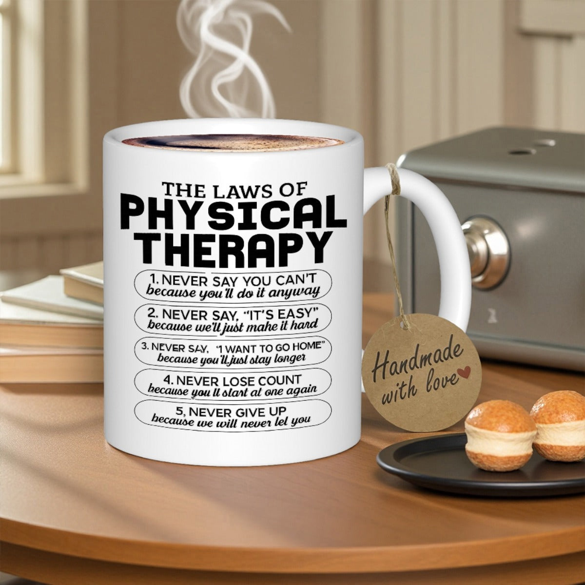 Tailorly White Ceramic 11 oz Mug - The Laws Of Physical Therapy Minimalist White Ceramic Vessel Featuring Bold Black Script Inside Oval Capsules Mug