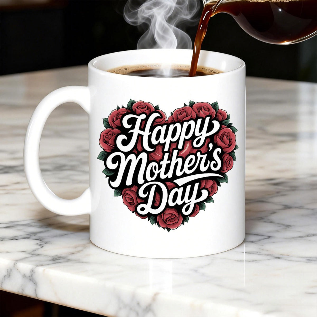 Tailorly White Ceramic 11 oz Mug - Happy Mothers Day Elegant Red Roses Arranged In A Beautiful Heart Shape Heart