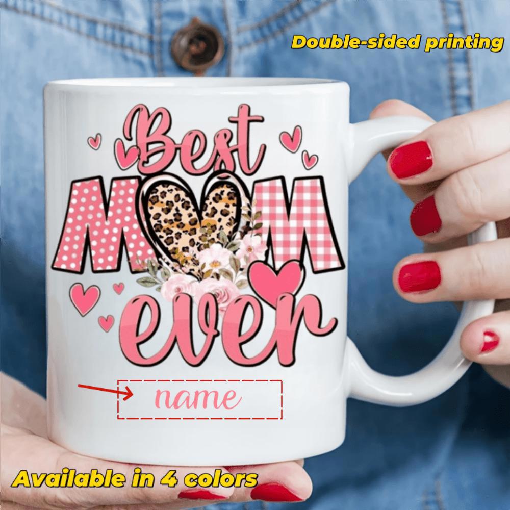 Tailorly White Ceramic 11 oz Mug - Best Mom Ever Artistic Leopard Print Heart With Pink Plaid Pattern And Delicate Flowers Mug