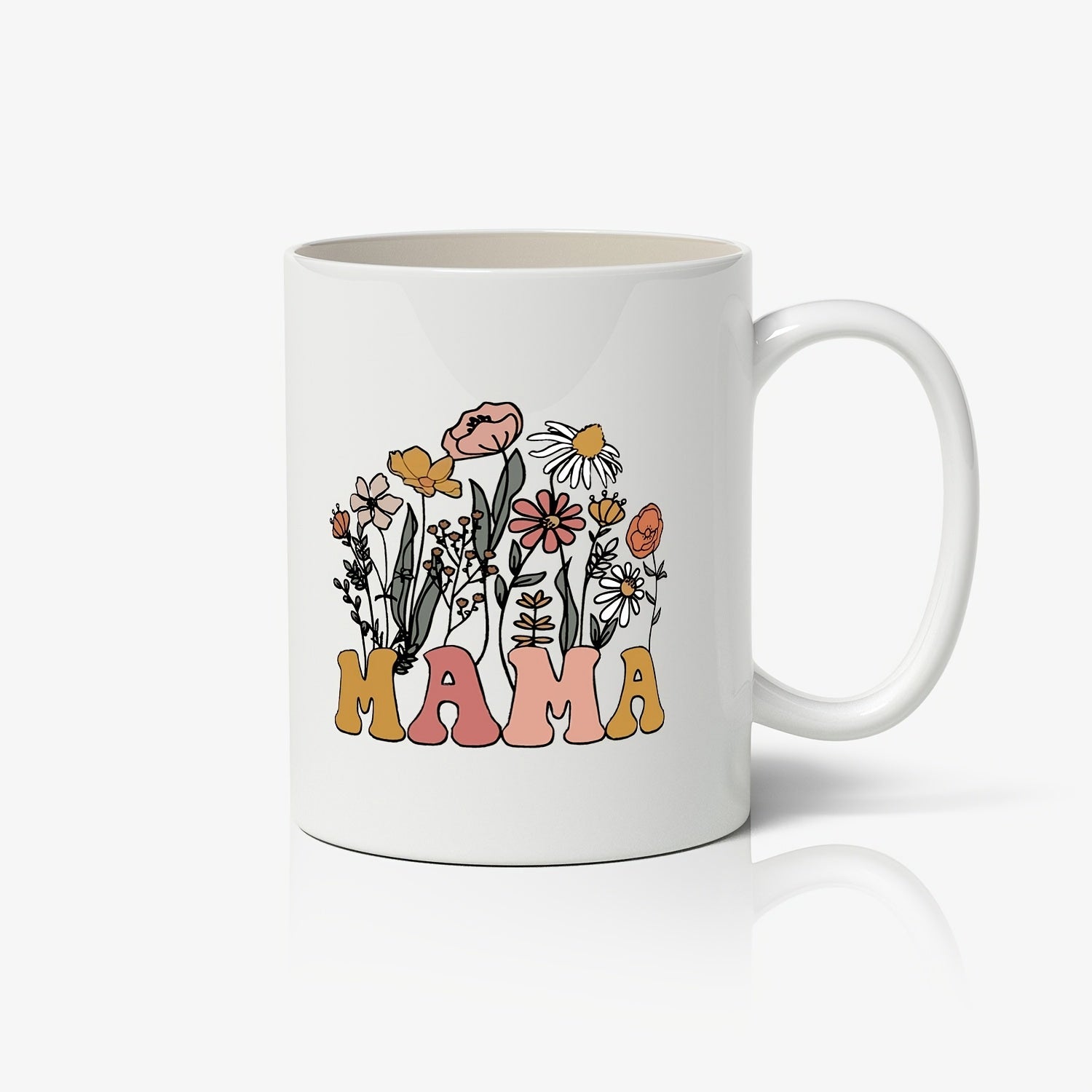 Tailorly White Ceramic 11 oz Mug - Mama Colorful Retro Wildflowers Blooming With Delicate Line Art Petals And Leaves Flower
