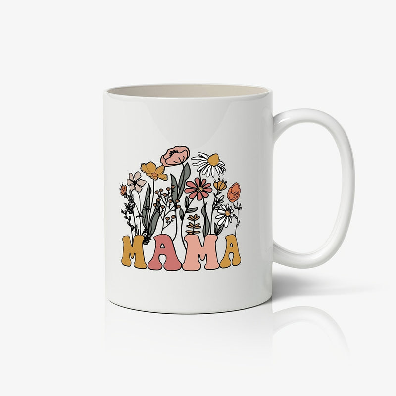 Tailorly White Ceramic 11 oz Mug - Mama Colorful Retro Wildflowers Blooming With Delicate Line Art Petals And Leaves Flower