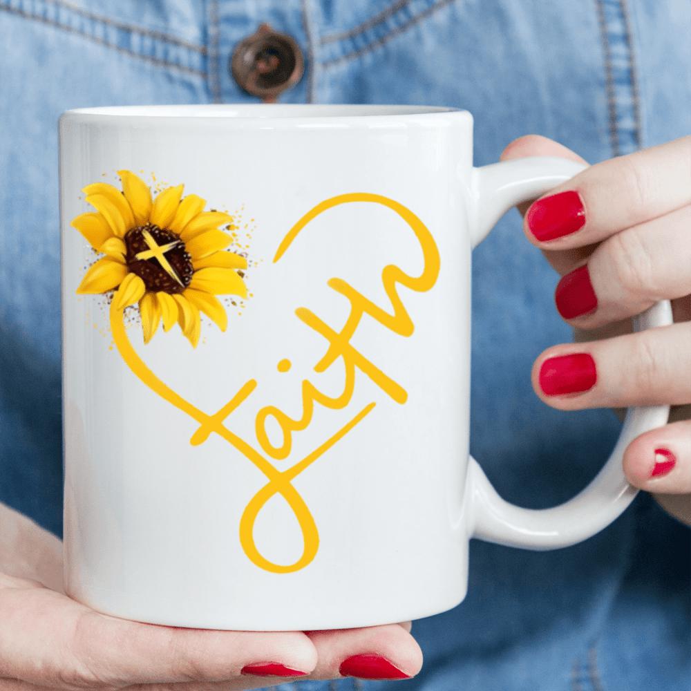 Tailorly White Ceramic 11 oz Mug - Faith Radiant Yellow Petals With Stylized Cross Inside Curving Heart Stem Sunflower