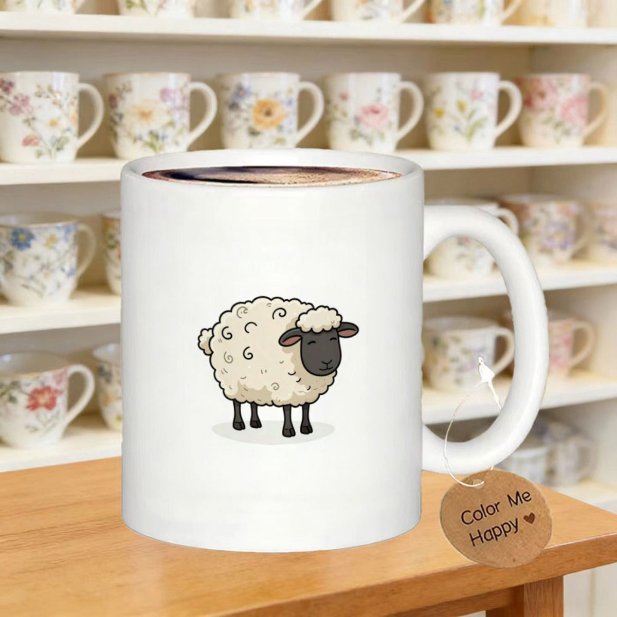Tailorly White Ceramic 11 oz Mug - Fluffy White Wool Cartoon Animal With Cute Black Face Standing Sheep
