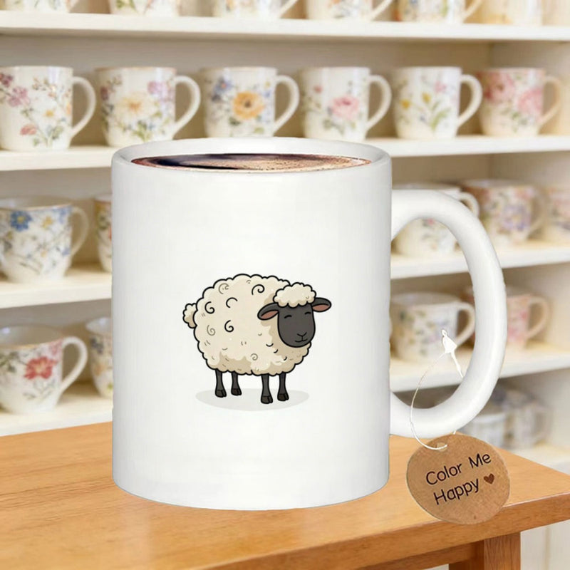 Tailorly White Ceramic 11 oz Mug - Fluffy White Wool Cartoon Animal With Cute Black Face Standing Sheep