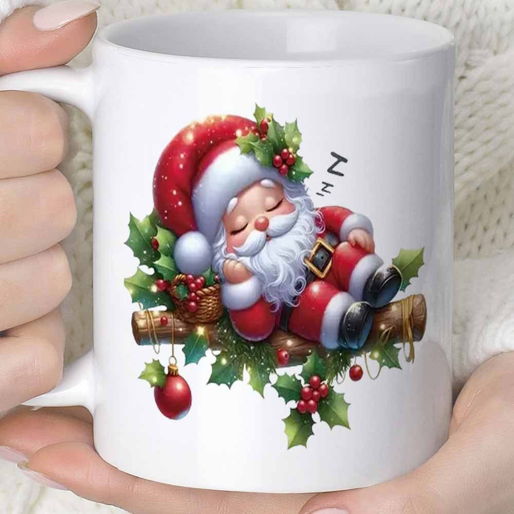 Tailorly White Ceramic 11 oz Mug - Peacefully Sleeping On A Festive Holly Branch With Red Berries Santa