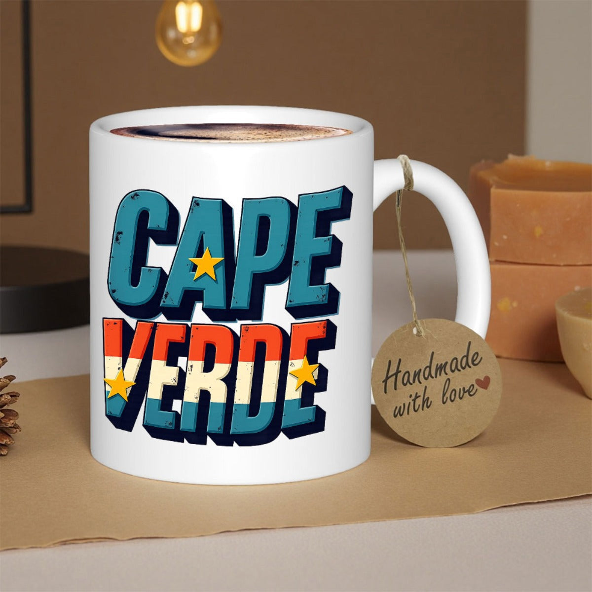 Tailorly White Ceramic 11 oz Mug - Cape Verde Retro Style Textured Patriotic Colors With Golden Stars Lettering