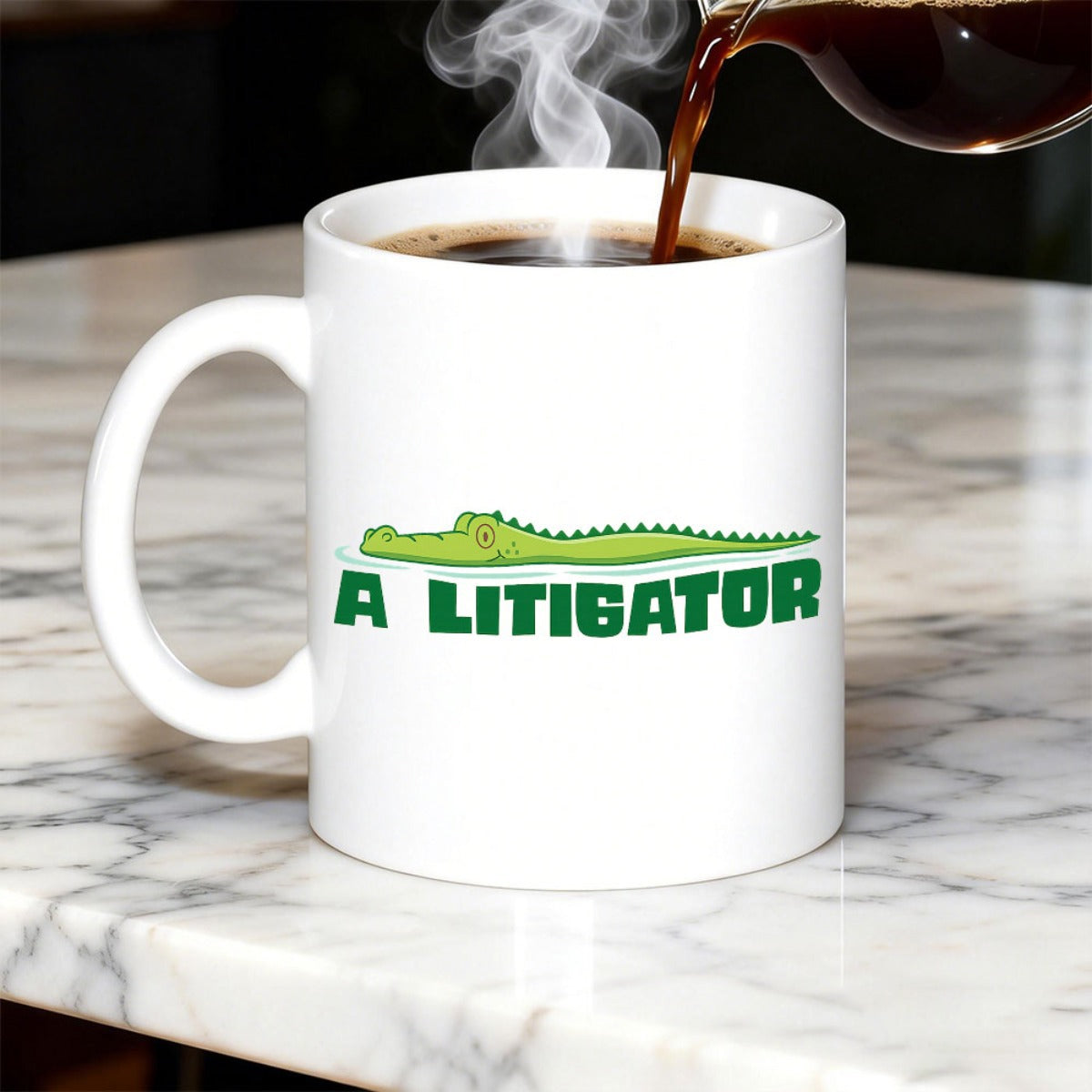 Tailorly White Ceramic 11 oz Mug - A Litigator Green Cartoon Animal Floating Above Bold Blocky Text Alligator