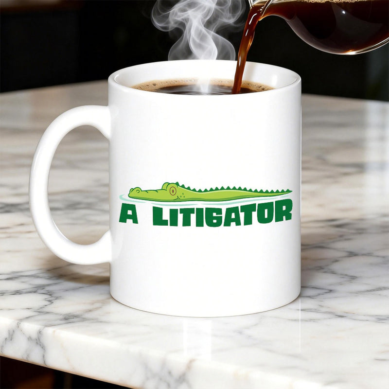Tailorly White Ceramic 11 oz Mug - A Litigator Green Cartoon Animal Floating Above Bold Blocky Text Alligator