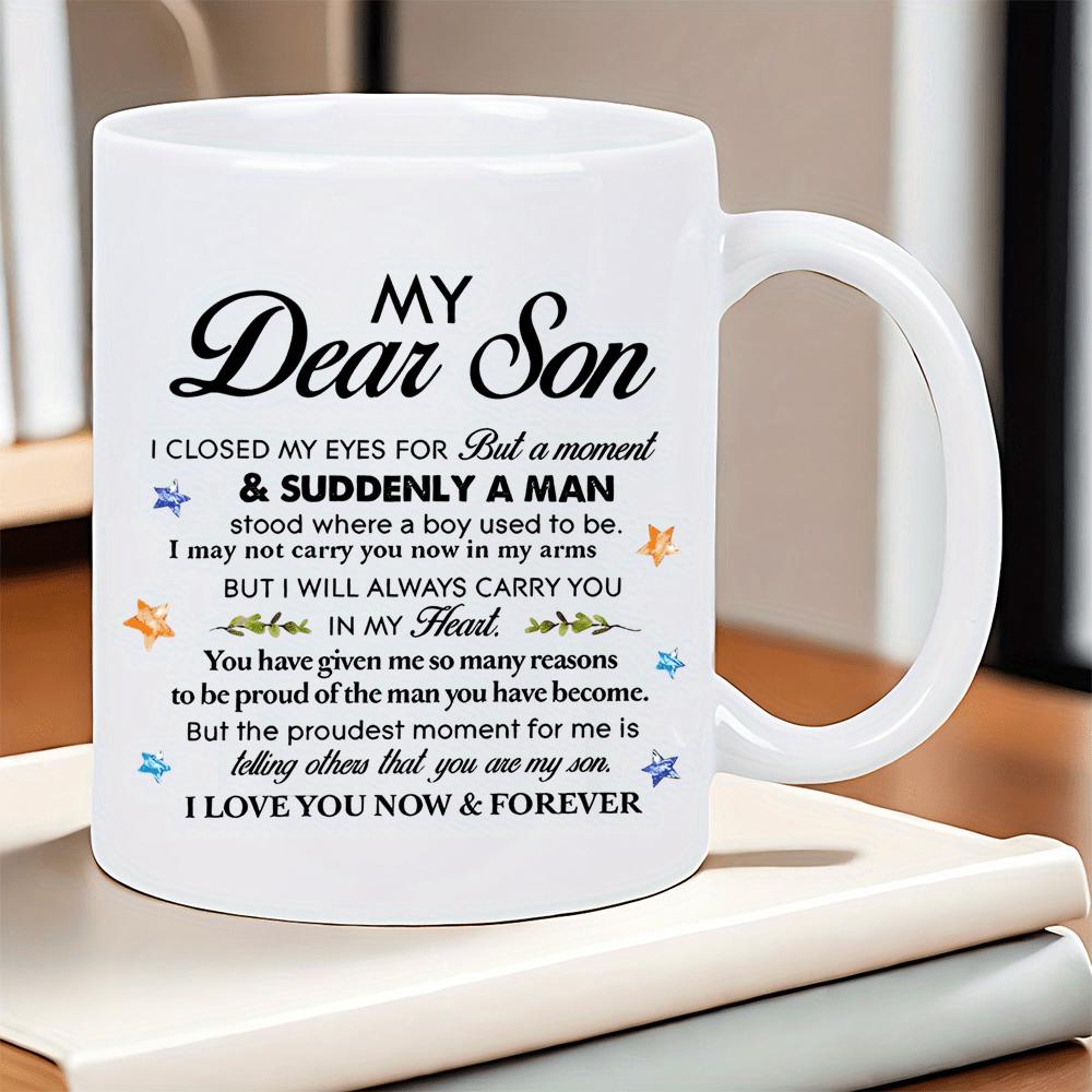 Tailorly White Ceramic 11 oz Mug - My Dear Son Minimalist Colorful Stars And Delicate Floral Accents Scattering Around Sentimental Message Mug