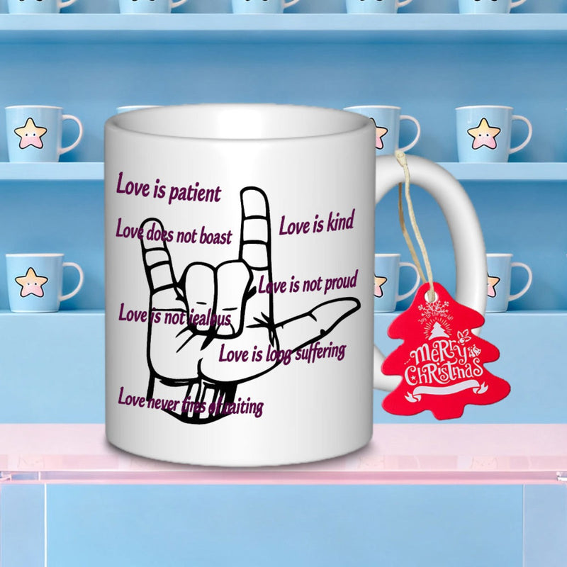 Tailorly White Ceramic 11 oz Mug - Love Is Patient Love Is Kind Minimalist Black Line Drawing Featuring American Sign Language Gesture On Smooth Surface Mug