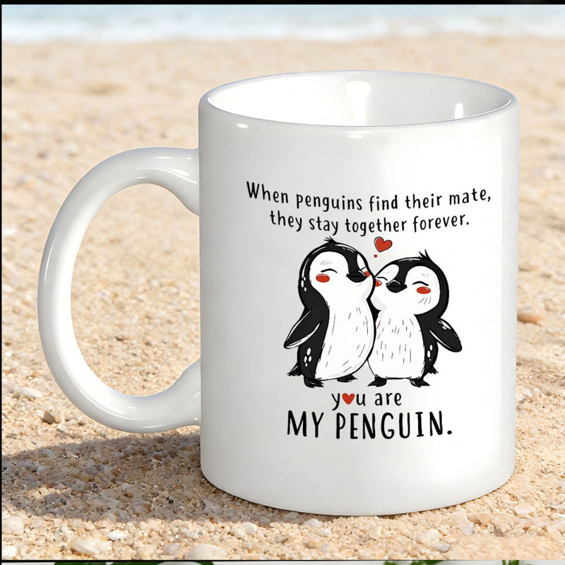 Tailorly White Ceramic 11 oz Mug - When Penguins Find Their Mate They Stay Together Forever You Are My Penguin Two Adorable Cartoon Animals Standing Together Under