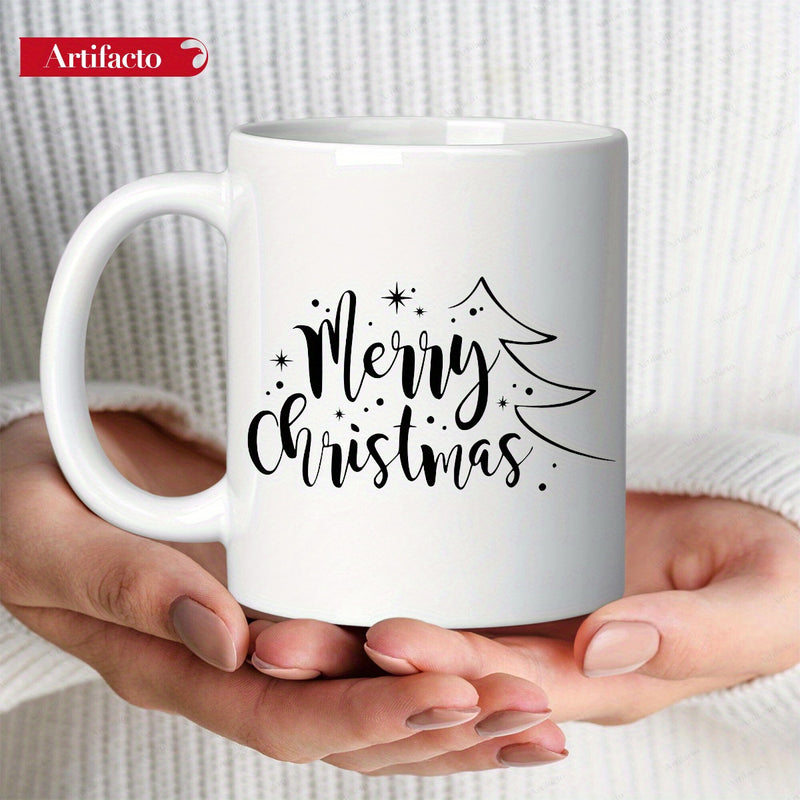 Tailorly White Ceramic 11 oz Mug - Merry Christmas Minimalist Line Art Pine Tree With Elegant Twinkling Festive Stars Mug