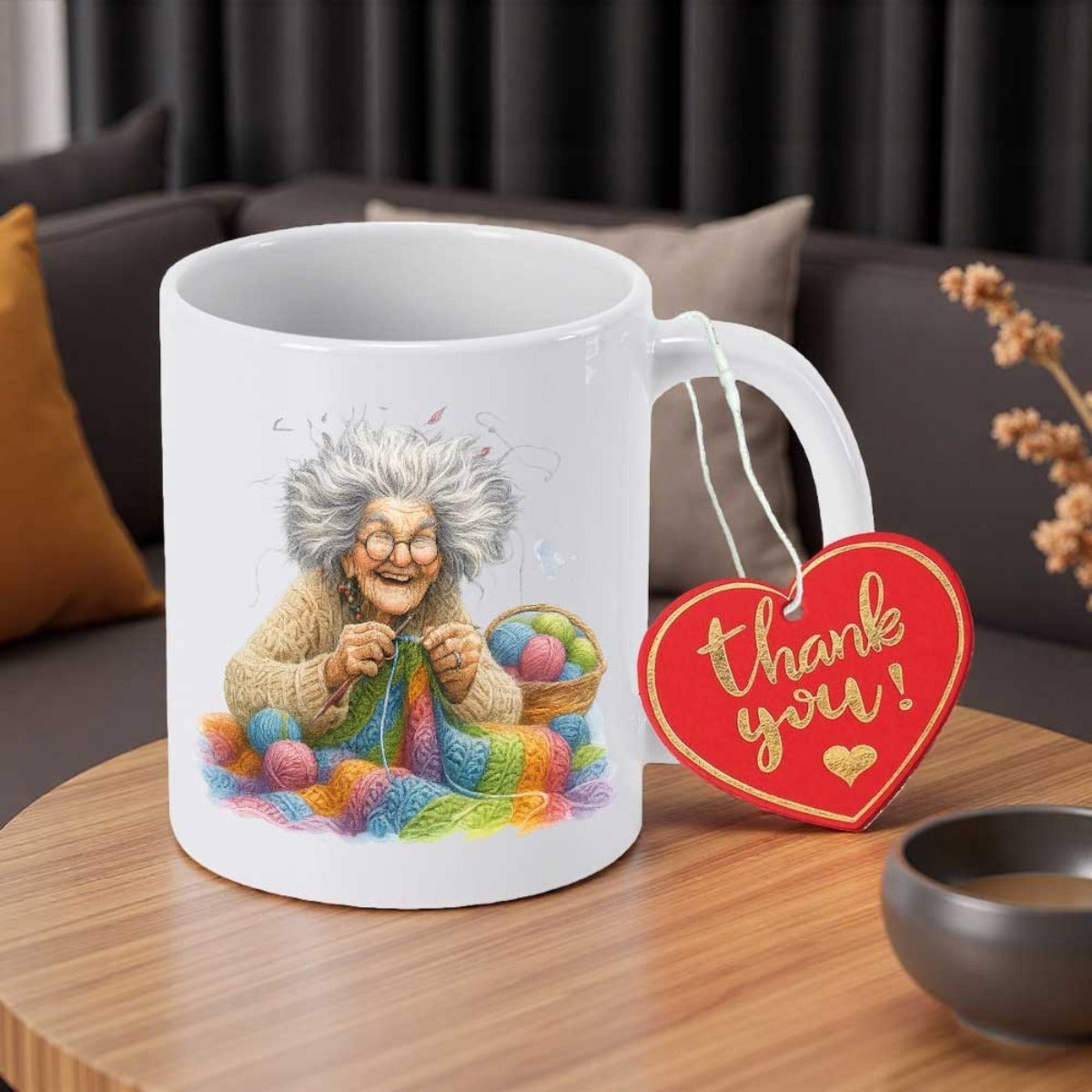 Tailorly White Ceramic 11 oz Mug - Thank You Happy Elderly Lady Knitting Colorful Yarn Among Fluffy Wool Balls Grandma