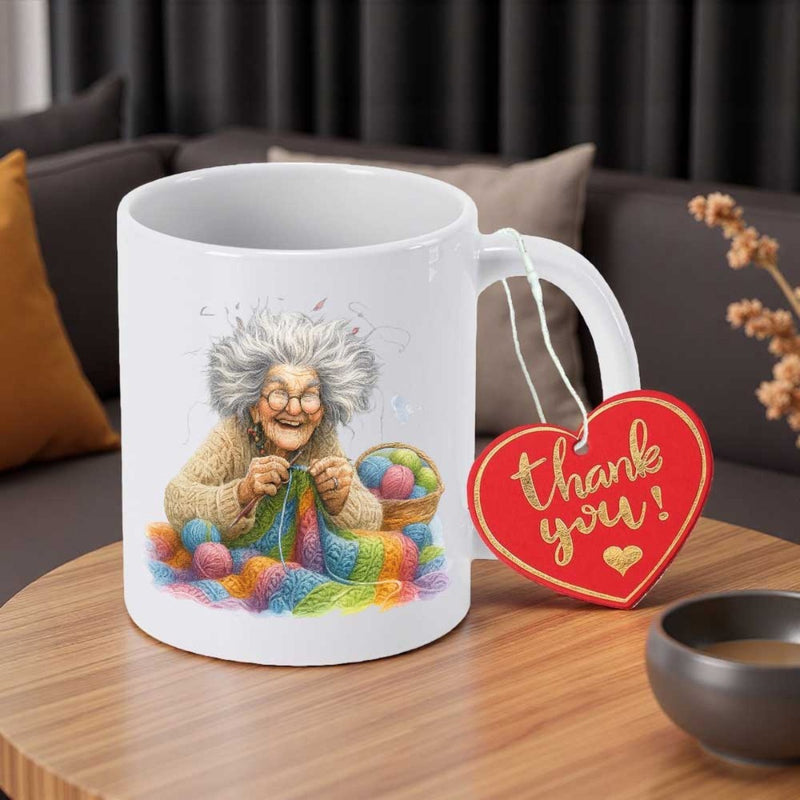 Tailorly White Ceramic 11 oz Mug - Thank You Happy Elderly Lady Knitting Colorful Yarn Among Fluffy Wool Balls Grandma
