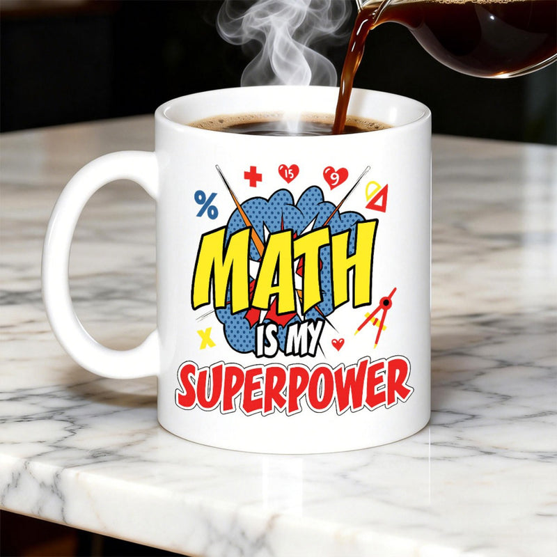 Tailorly White Ceramic 11 oz Mug - Math Is My Superpower Vibrant Comic Style Cloud Surrounded By Educational Symbols And Hearts Brain