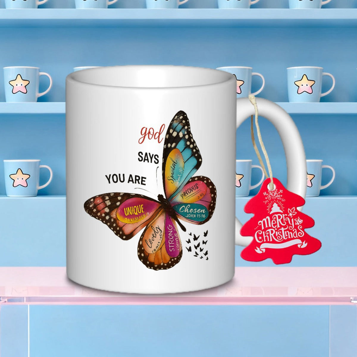 Tailorly White Ceramic 11 oz Mug - God Says You Are Vibrant Colorful Wings With Artistic Patterns And Elegant Flying Silhouettes Butterfly