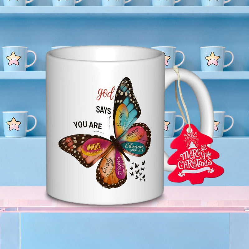 Tailorly White Ceramic 11 oz Mug - God Says You Are Vibrant Colorful Wings With Artistic Patterns And Elegant Flying Silhouettes Butterfly