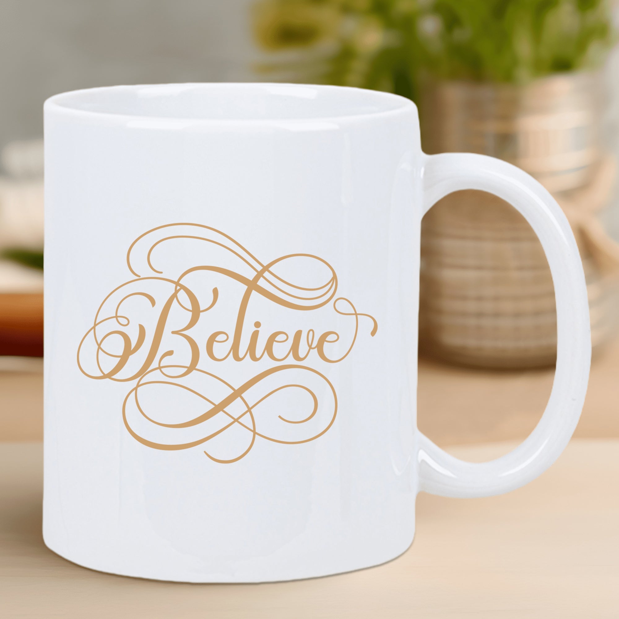 Tailorly White Ceramic 11 oz Mug - Believe Elegant Gold Decorative Flourishes With Artistic Hand Written Swirls Script