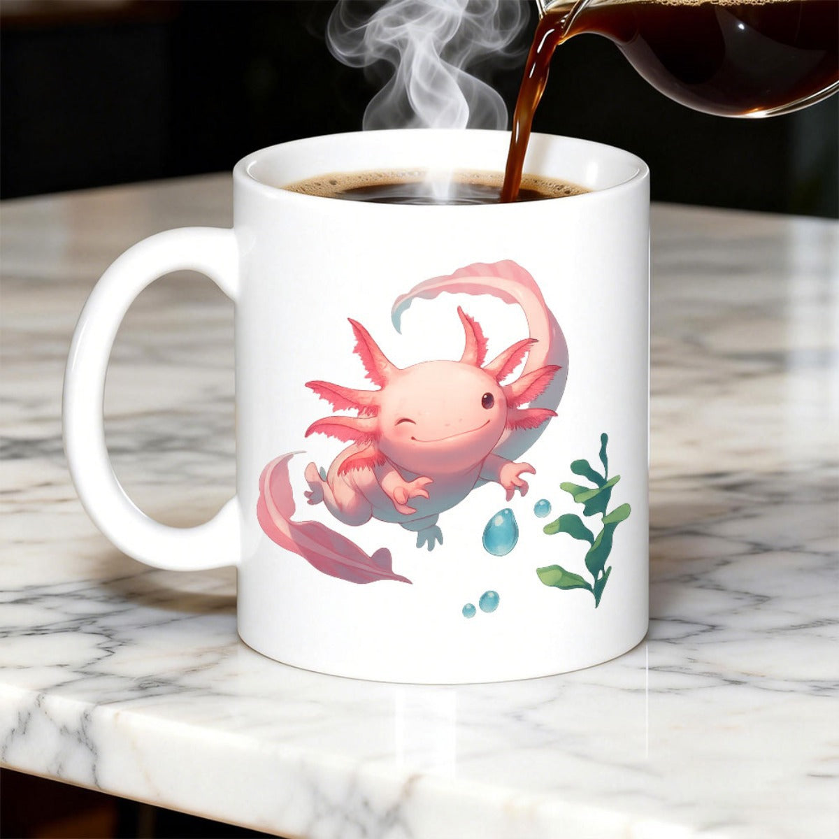 Tailorly White Ceramic 11 oz Mug - Adorable Pink Aquatic Creature Swimming Among Bubbles And Green Seaweed Axolotl
