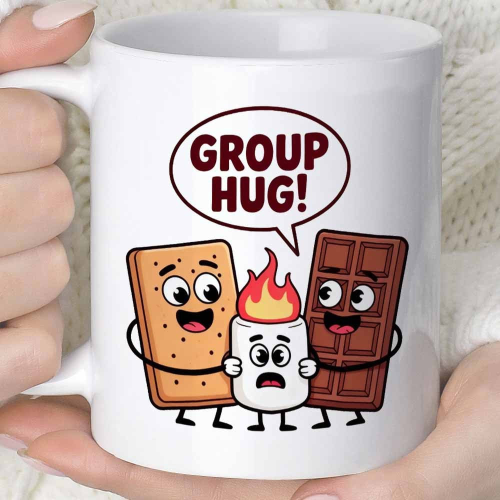 Tailorly White Ceramic 11 oz Mug - Group Hug Cartoon Graham Cracker Marshmallow And Chocolate Bar Sharing A Warm Friendly Smores
