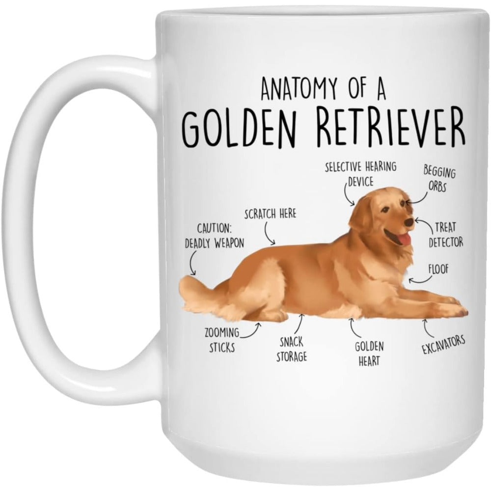 Tailorly White Ceramic 11 oz Mug - Anatomy Of A Golden Retriever Detailed Realistic Dog Lying Peacefully With Humorous Anatomy Label Arrows Retriever