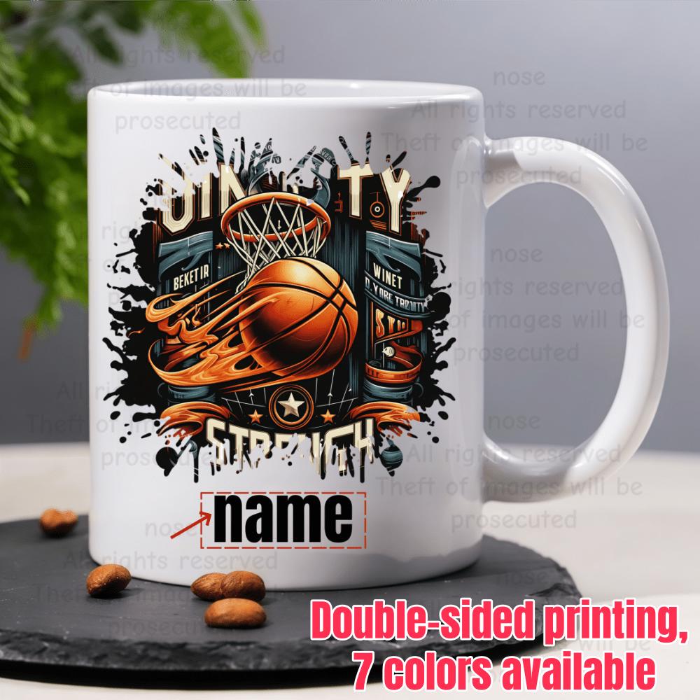 Tailorly White Ceramic 11 oz Mug - Unity Strength Dynamic Flaming Ball Flying Into A Circular Sports Hoop Basketball