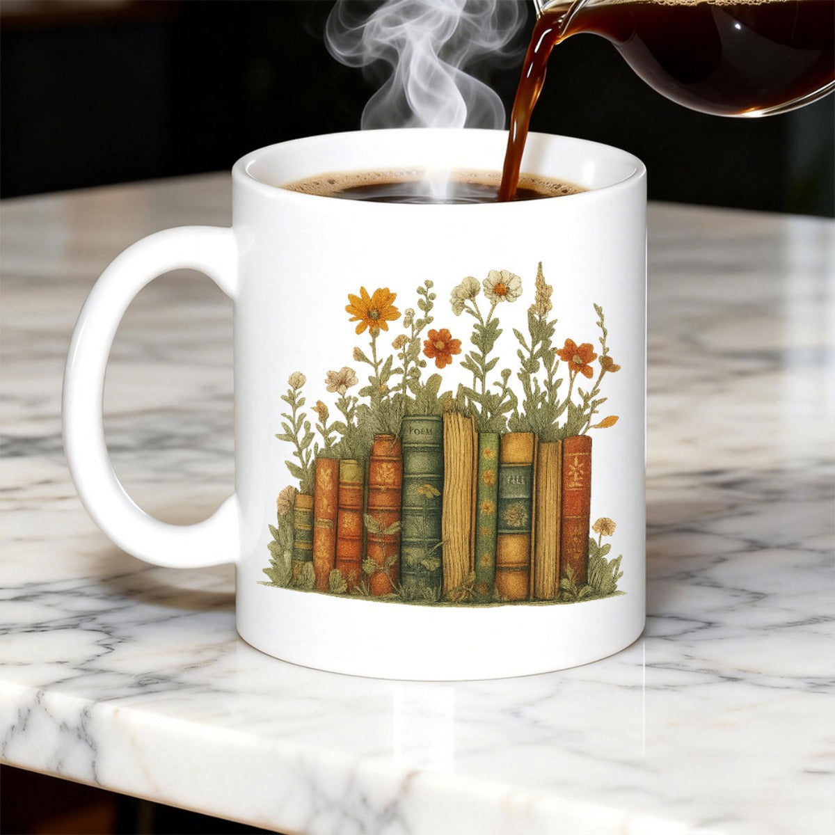 Tailorly White Ceramic 11 oz Mug - Vintage Library Books Featuring Delicate Colorful Wildflowers Growing In A Stack