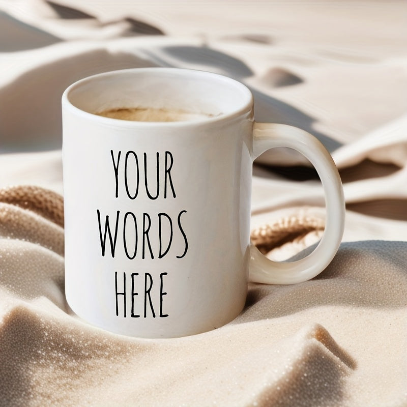 Tailorly White Ceramic 11 oz Mug - Your Words Here Minimalist White Ceramic Coffee Cup Resting On Soft Beige Textured Surface Mug