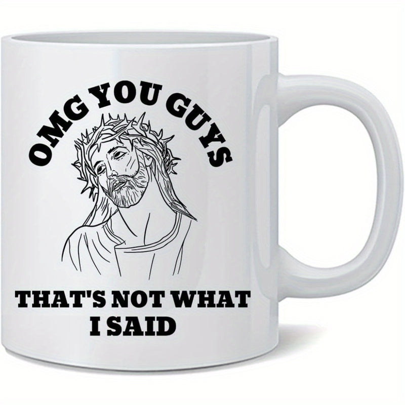 Tailorly White Ceramic 11 oz Mug - Omg You Guys Thats Not What I Said Classic Minimalist Line Art Portrait Wearing Crown Of Thorns Sacred Jesus