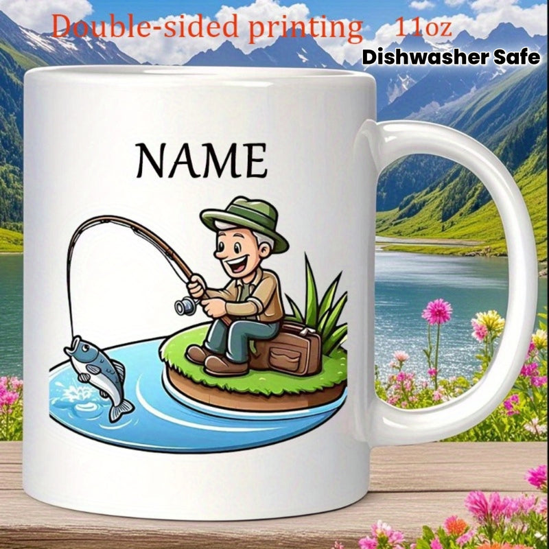 Tailorly White Ceramic 11 oz Mug - Name Elderly Happy Man Fishing On Small Island With Jumping Blue Fish Fisherman